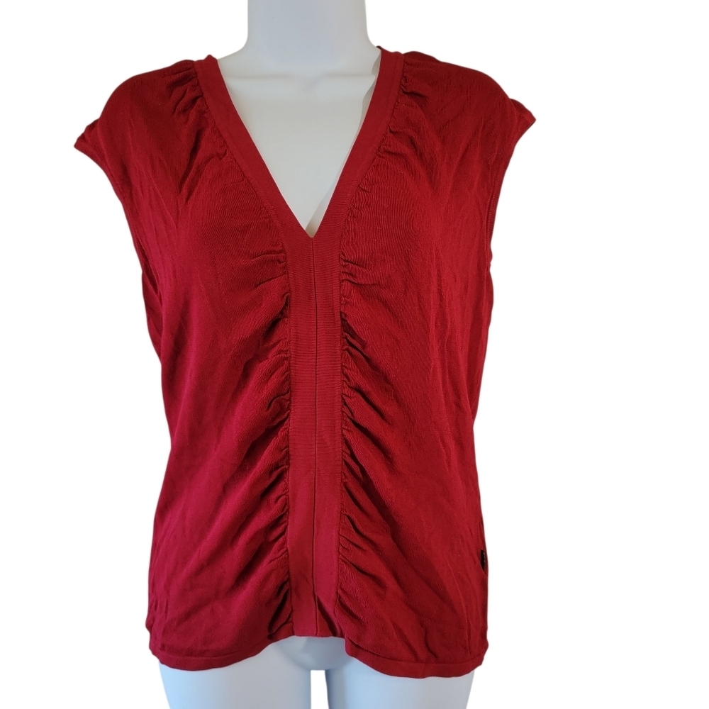 BCBG Max Azria Top Sz L Red Ruched Knit Stretchy V-Neck Minimalist Y2K Retro